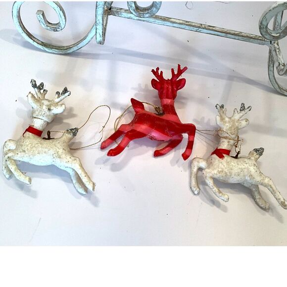 3 vintage plastic Reindeer Ornaments; 2 white and one red; glitter edges - Picture 8 of 8